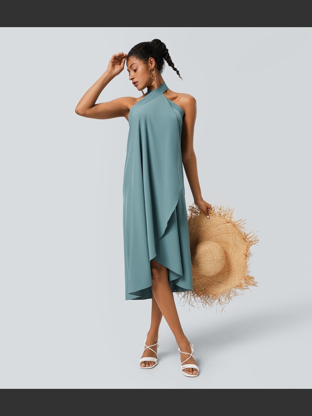 HALARA Asymmetrical Halter Midi Dress in Teal Blue